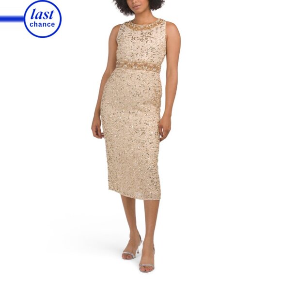 MAC DUGGAL Gold Sleeveless Embellished Midi Dress - Picture 1 of 2